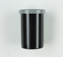 Small round black plastic canister with a grey cap