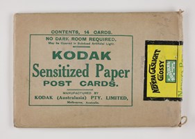 Rectangular brown paper envelope with green printed text and a yellow, black and green sticker label torn open at one end.