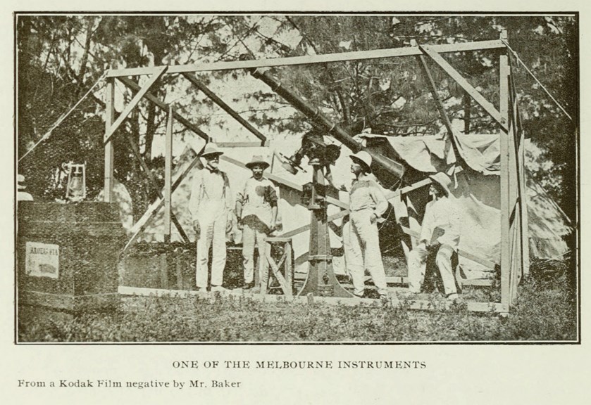 A few people amidst a Melbourne Observatory astronomical instrument circa 1911