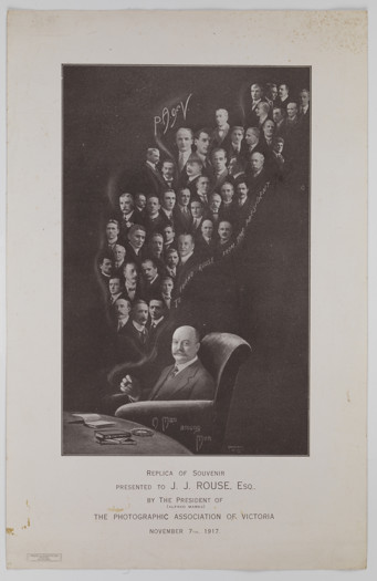 Print of man smoking cigar, the smoke of which is filled with men's faces. The image is printed portrait format on single sheet of paper with caption underneath.