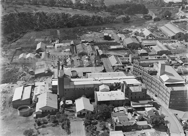 Aerial view of many industrial buildings