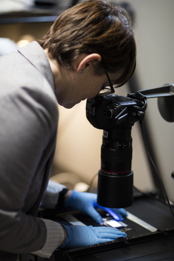 A woman taking photographs of slides from above
