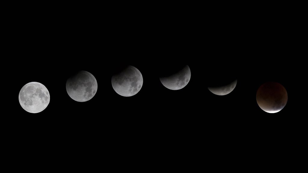 Photographs of the Moon in various stages of eclipse