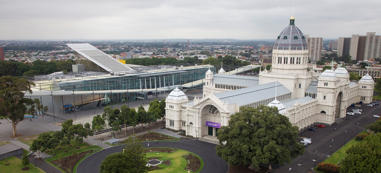 An aerial photograph of the Royal Exhibition Building and Melbourne Museum
