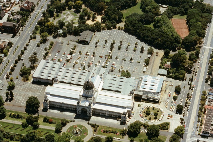An aerial photograph of the Royal Exhibition Building carpark