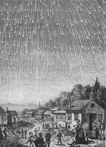 Engraving of an 1833 meteor storm viewed by villagers from Earth