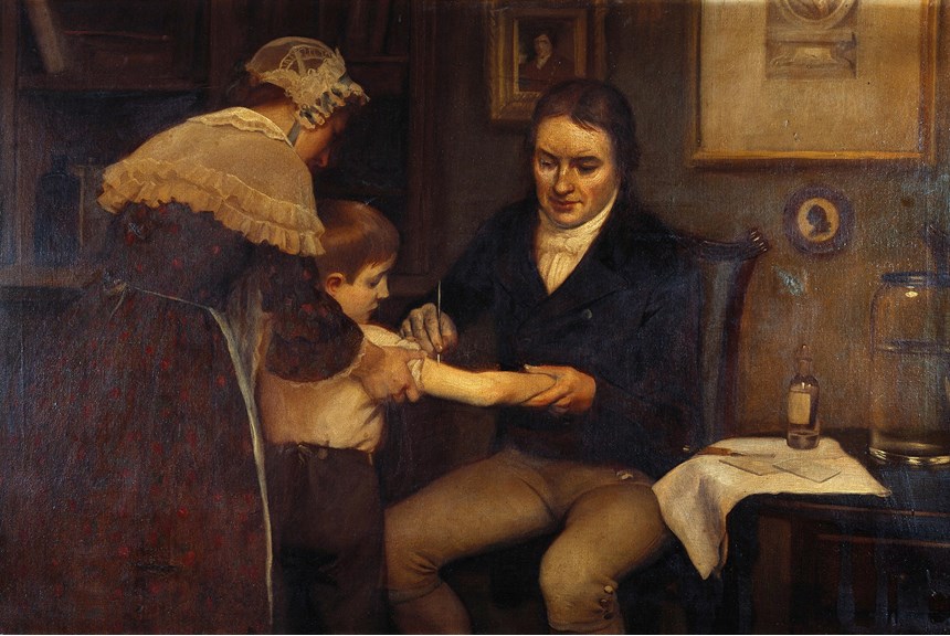 a painting of a man poking a metal instrument into the arm of a young boy, who is being held by a woman
