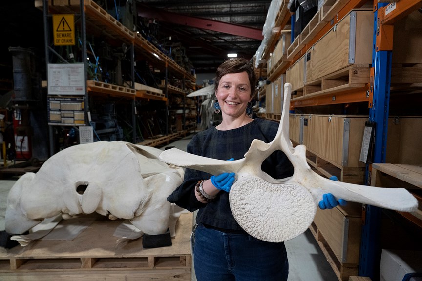 A smiling woman holding a large white bone standing in front of a large whale skull