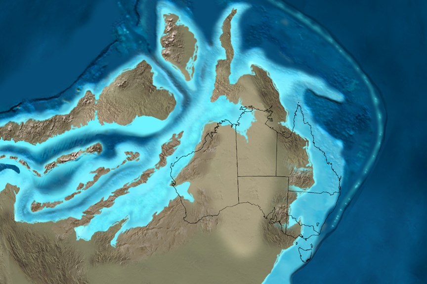 a map of a large landmass on a blue ocean. Black lines highlight the current outline of the Australian continent.