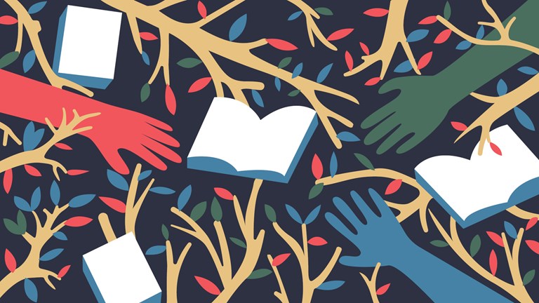 Illustration of hands reaching for books amongst tree branches