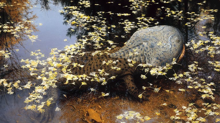A painting of a large amphibian poking its head out of water that is covered in petal