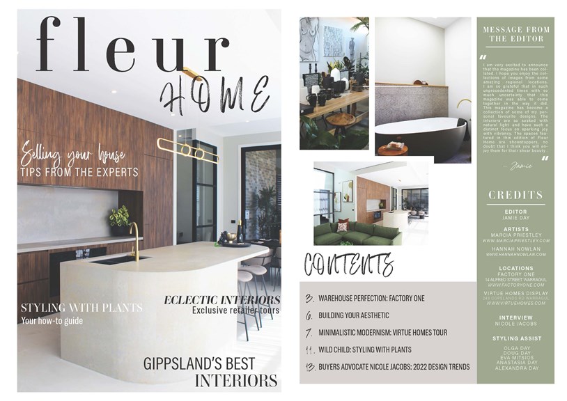 Two pages from the print product Fleur Home, including the front cover and contents page. Interior design photography is featured alongside text.