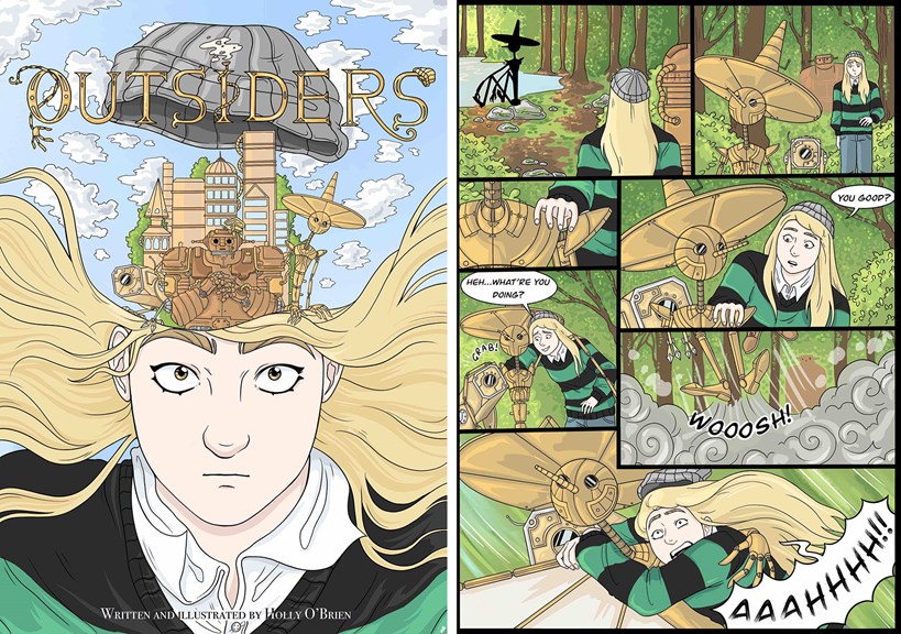 The title page of Outsiders, a graphic novel, showing a girl with long blonde hair. On top of her head, two robotic characters emerge, alongside buildings and trees. An inner page of Outsiders, with multiple illustrated panels depicting interactions between a girl and a robot in the forest.