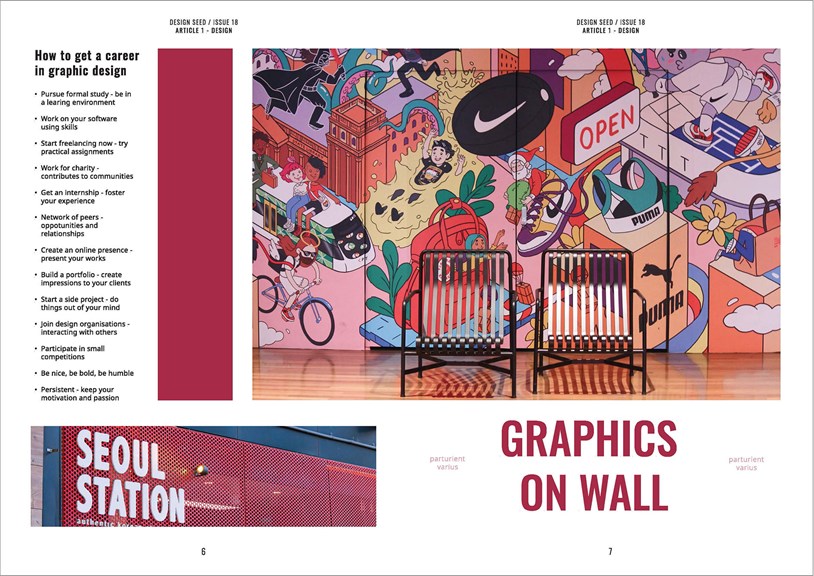 Two inner pages of Design Seed, which show vibrant images of wall graphics. The featured article is titled ‘How to get a career in graphic design’, with advice listed in dot points.