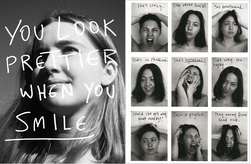 The title page of You Look Prettier When You Smile, with a close-up black and white photograph of a girl looking into the distance. The title of the work is overlaid over the image in white text. An inner page of You Look Prettier When You Smile, with multiple black and white photographs of the same girl pulling different facial expressions, captioned with critical judgements about her personality. 