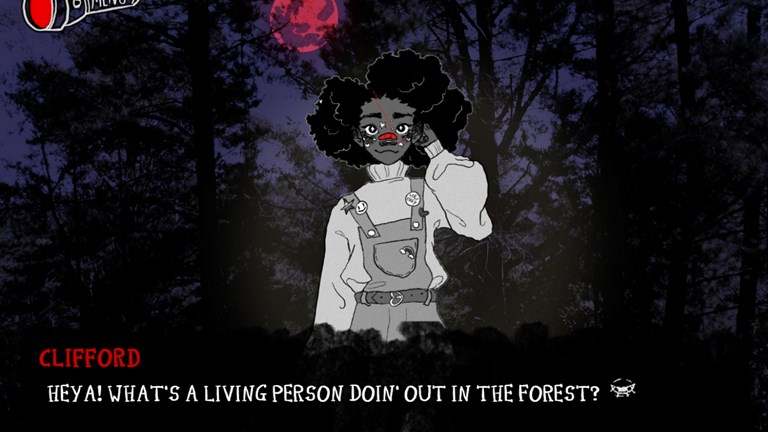 A still from the video game Tall Trees, showing a black and white illustrated character in a dark forest. There is a menu button in the upper left corner, and text at the bottom of the image reads ‘Heya! What’s a living person doin’ out in the forest?’.