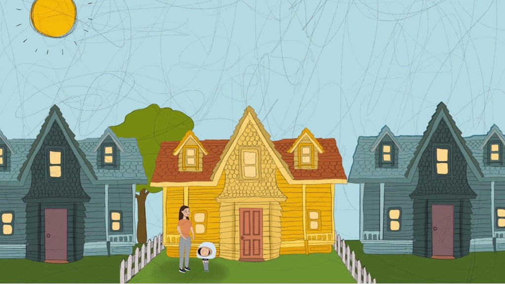 Three houses sit side by side separated by white picket fences. A woman and child stand outside the middle house. The child wears an astronaut helmet.