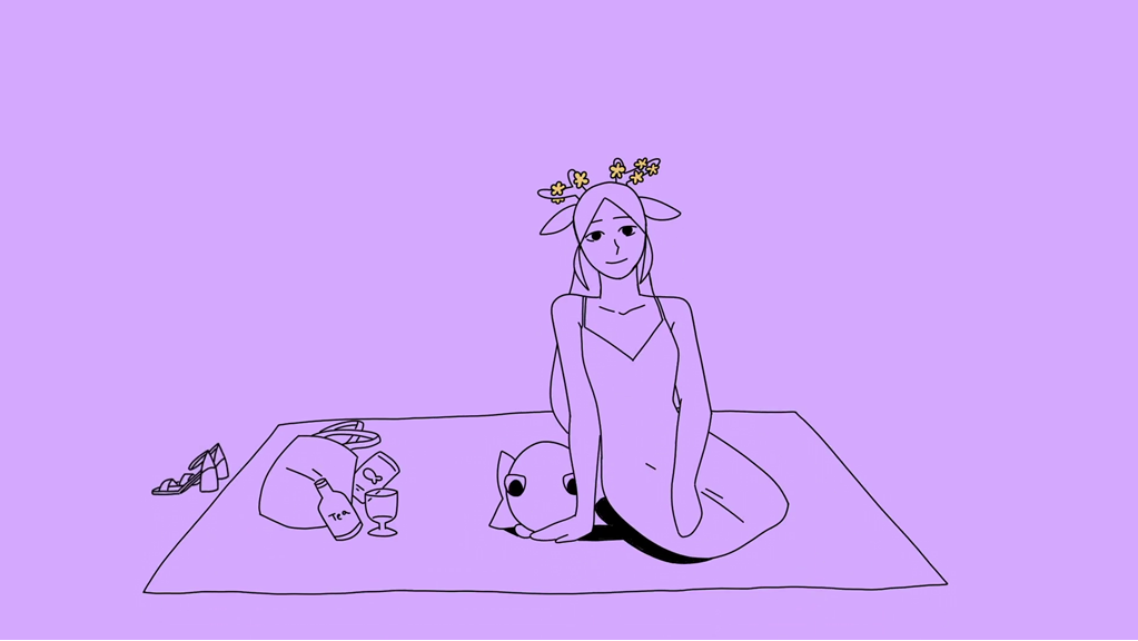 A still from an animated film, showing a person sitting on a rug. They have antlers blooming with yellow flowers. Next to them is a pet fish with large eyes, a bag with a bottle of tea and a glass, and a pair of sandals.