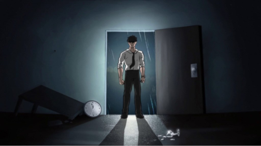 An animated still shows a person standing in an open doorway, wearing white shirt, black tie, and black trousers. Inside, a table has toppled over, a wall clock is broken alongside it, and a glass is smashed on the ground. Rain is visible through the open doorway.