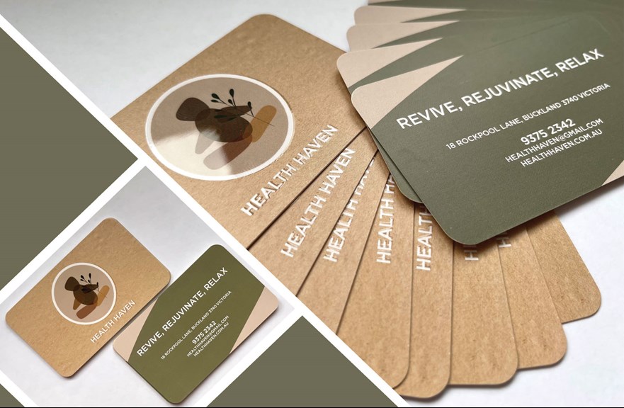 Several business cards for Health Haven. The front of the card reads Health Haven, with a digitally illustrated graphic. The back reads “Revive, Rejuvinate, Relax”, with business contact details. The cards are coloured in earthy brown and green tones.