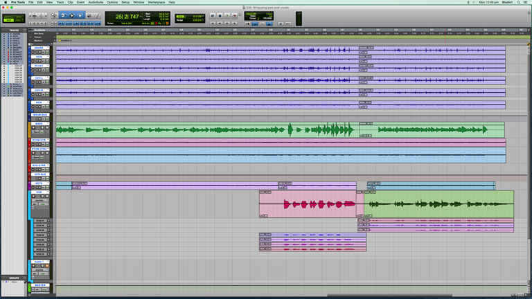 A screenshot of Pro Tools, showing the layering of audio files for the track Whipping Post.