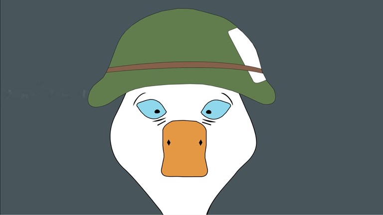 An illustrated still showing a close-up of a goose’s face. The goose has large blue eyes and is wearing an army helmet.