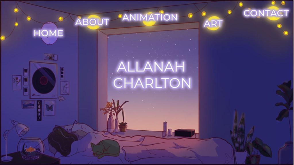 The home page of a website, showing an illustration of a bedroom at night time. A person sleeps in a bed, with a cat on top of the covers. Plants and fairy lights surround them. Overlaid text reads ‘Allanah Charlton’, with links to different website pages at the top.