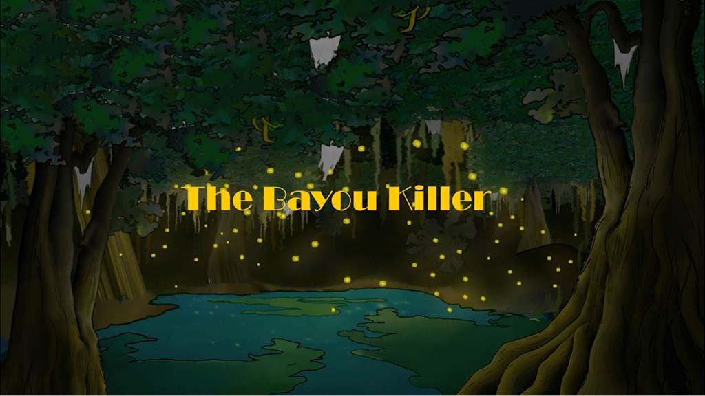 A title screen, showing an illustrated forest at night which is illuminated by fireflies. Yellow text reading ‘The Bayou Killer’ overlays the image.