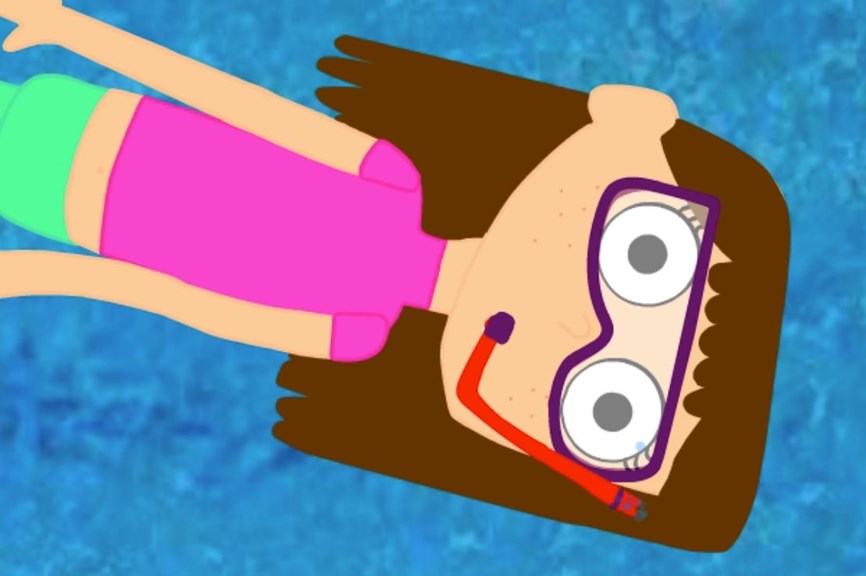 A still from an animation, showing a girl snorkelling. She has long brown hair, and is wearing large goggles and a pink top.