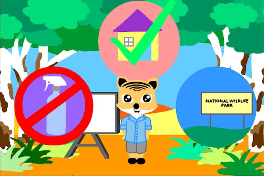 A still from an animation, with a Tasmanian tiger character standing in a bushland environment. Images around the Tasmanian tiger show a spray bottle, a house, and a sign reading ‘National Wildlife Park’. 