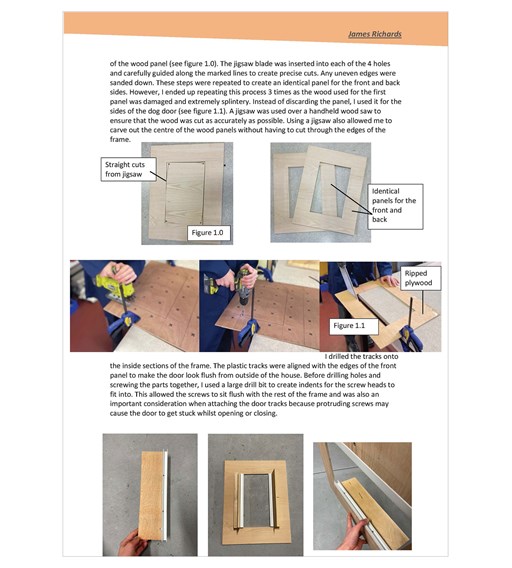 Photos and descriptions show the process of cutting wood panels with a jigsaw blade and drilling tracks onto the frame.