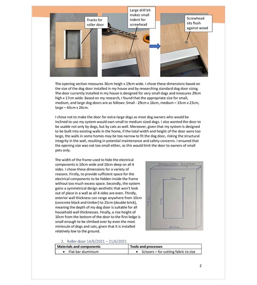 This folio page explains the construction of the system’s dog door, providing dimensions and showing tracks and screwheads.