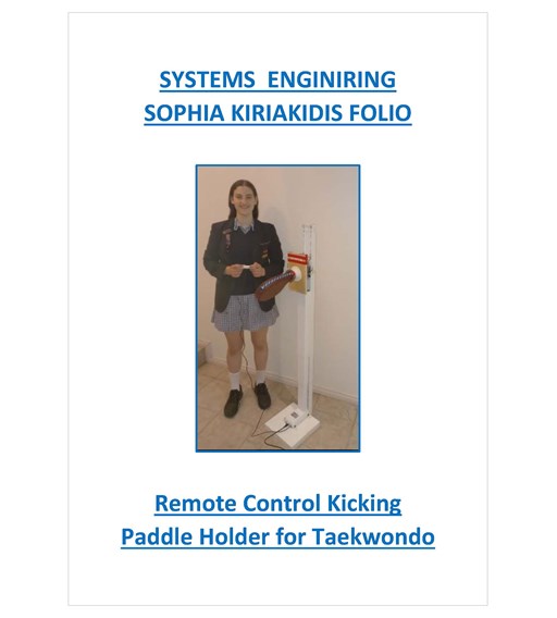 The cover page of the folio, showing a photo of the designer standing next to the finished system, a remote control kicking paddle holder for Taekwondo. 