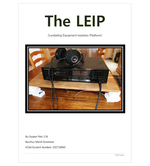 A folio cover page, with a photo of the completed LEIP (Levitating Equipment Isolation Platform). A record player sits on top of the system.