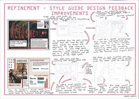 Folio page "Refinement - Style Guide Design Feedback Improvements" showing diagrams and hand written notes