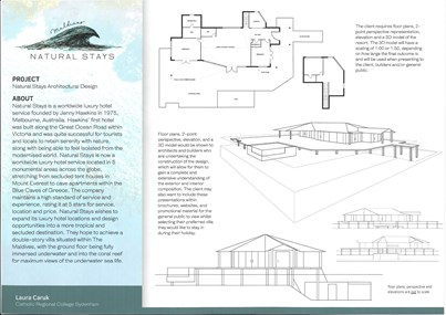 Folio page "Natural Stays Resort" showing project name, descriptions and elevation drawings