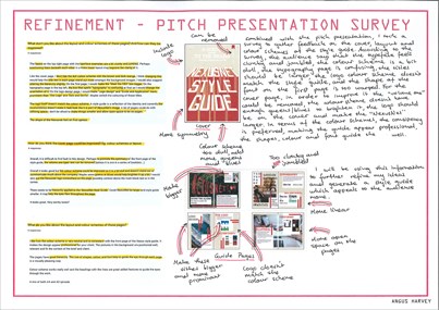 Folio page "Refinement - Pitch Presentation Survey" showing typed and hand written notes with images.