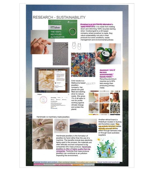 A folio page with research about sustainability as it relates to jewellery and its manufacture.