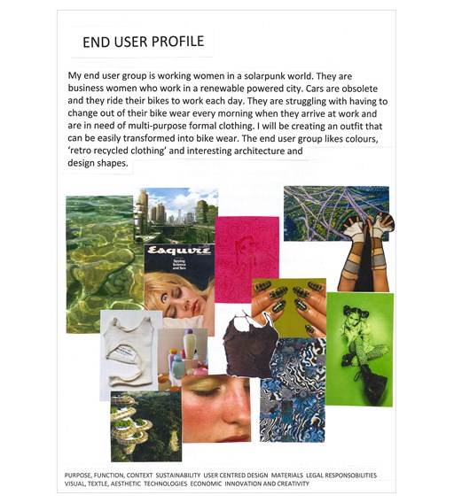 The end user profile for the textiles project, including a specific description of the end user and a related mood board with various images for inspiration.