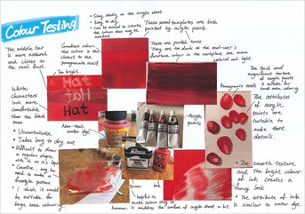 A folio page outlining the colour testing for the product, with annotated photographs of different materials used in the experiments.