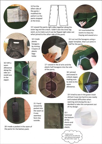 A production storyboard for the reversible pants, describing the production process with accompanying images.