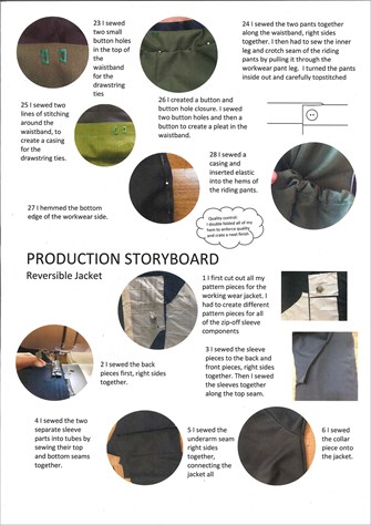 A production storyboard for the reversible pants and reversible jacket, describing the production process with accompanying images.