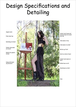 A folio page showing the design specifications and detailing for the final textiles product, with an annotated photograph of a model wearing the garment.