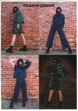 Four photographs of the final garments being worn by a model. Text at the top of the folio page reads ‘Transformer’.