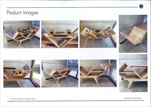 Eight images of the final product, showing the record table from multiple different angles.
