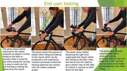 A folio page showing the end user testing the final product, with four photographs and accompanying explanatory notes about the function of the bike mount.