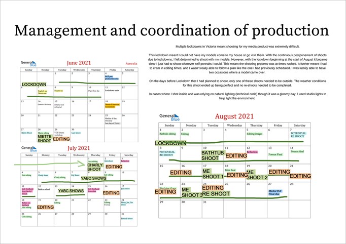 Folio pages detailing the management and coordination of production, with tables showing production dates on monthly calendars. The impact of lockdowns on production is described.