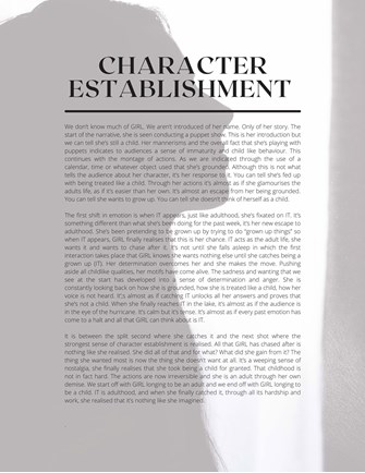  Folio page detailing the character establishment for the film Puppet Show. 
