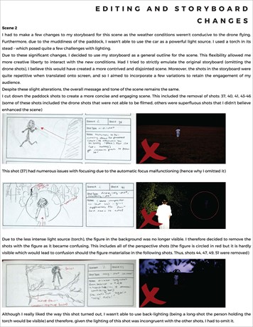 A folio page describing the editing and storyboard changes for scene two of the film Hereafter.