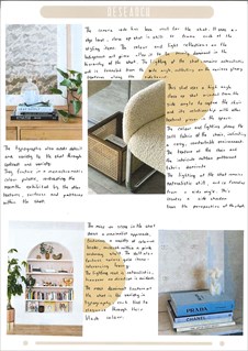 A research folio page, describing the technical aspects of four different interior design photos.